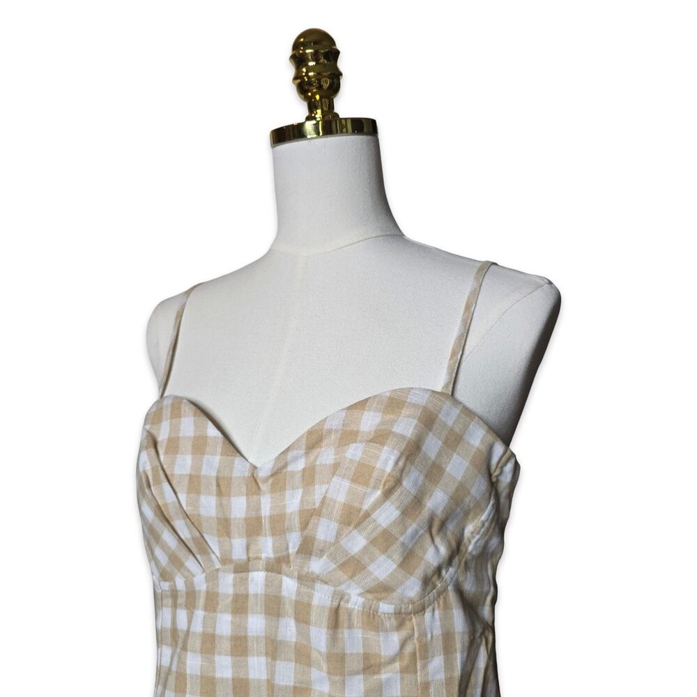 Promesa Gingham Mini Dress L Tan White Plaid Bustier Fit Flare Cottagecore NWT - Picture 6 of 15